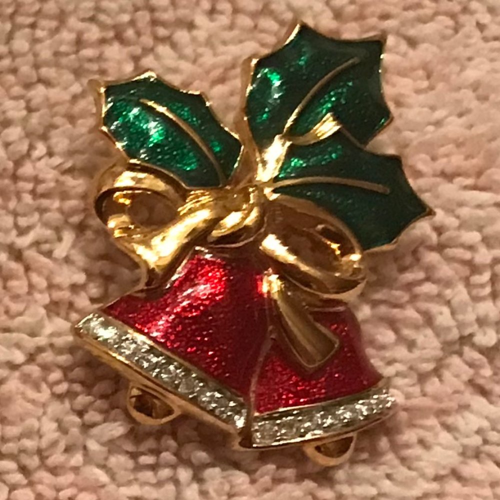 VTG CHRISTMAS Red Bells Pin w/ stones, bow + holly
